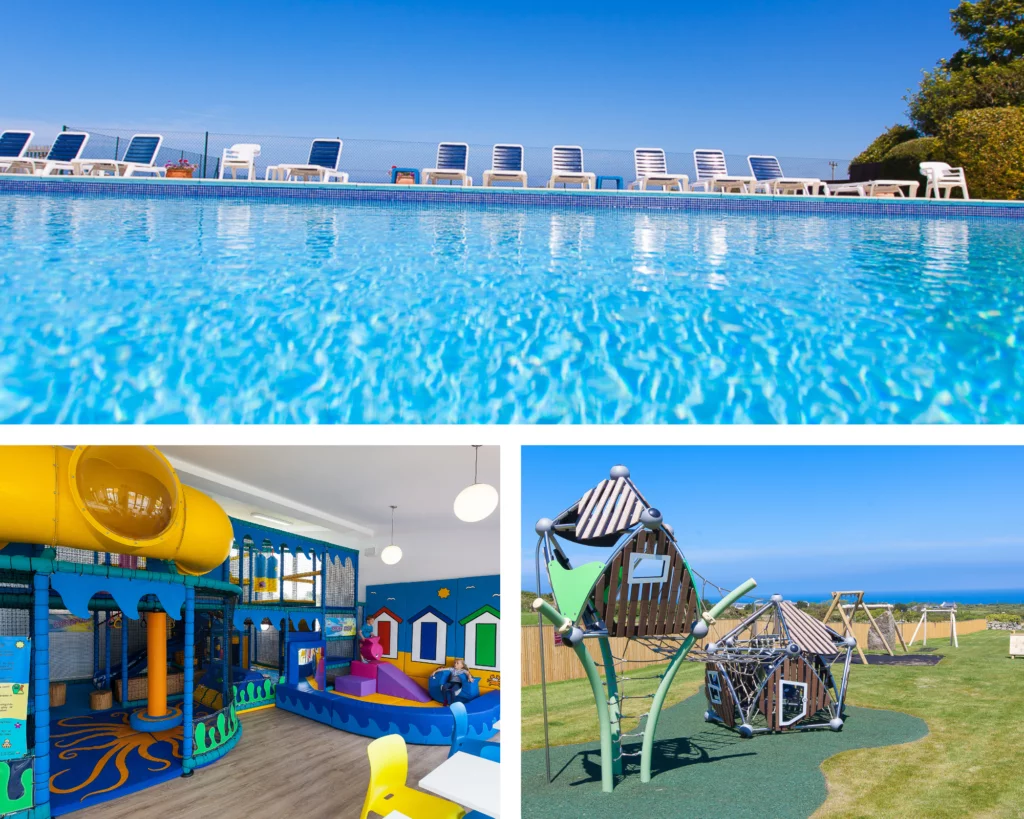 Trio of images showing outdoor heated swimming pool, soft play and outdoor play available to use when staying in Polmanter self catering accommodation in St Ives