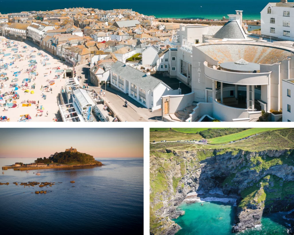 Trio of images showing Tate St Ives, St Michaels Mount and South West Coast Path to all be enjoyed when staying in Polmanter self catering accommodation in St Ives
