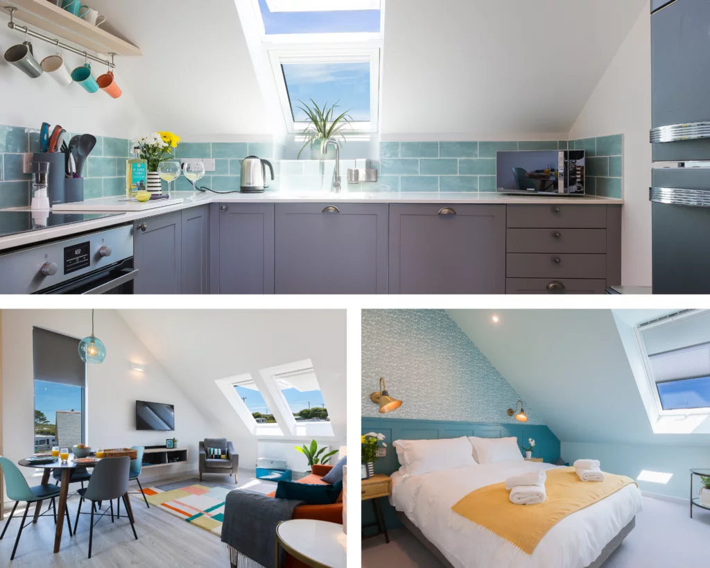Trio of images showing the apartments interior of Polmanter self catering accommodation
